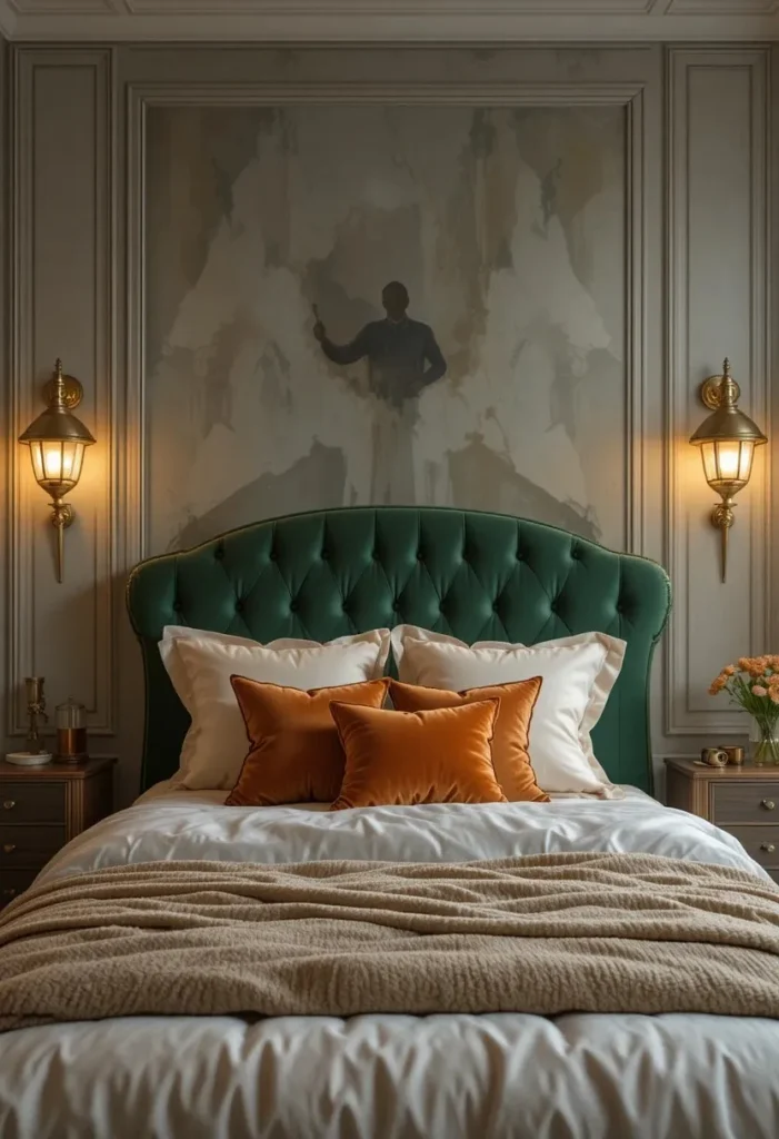 Forest green and burnt orange bedroom with luxurious velvet accents