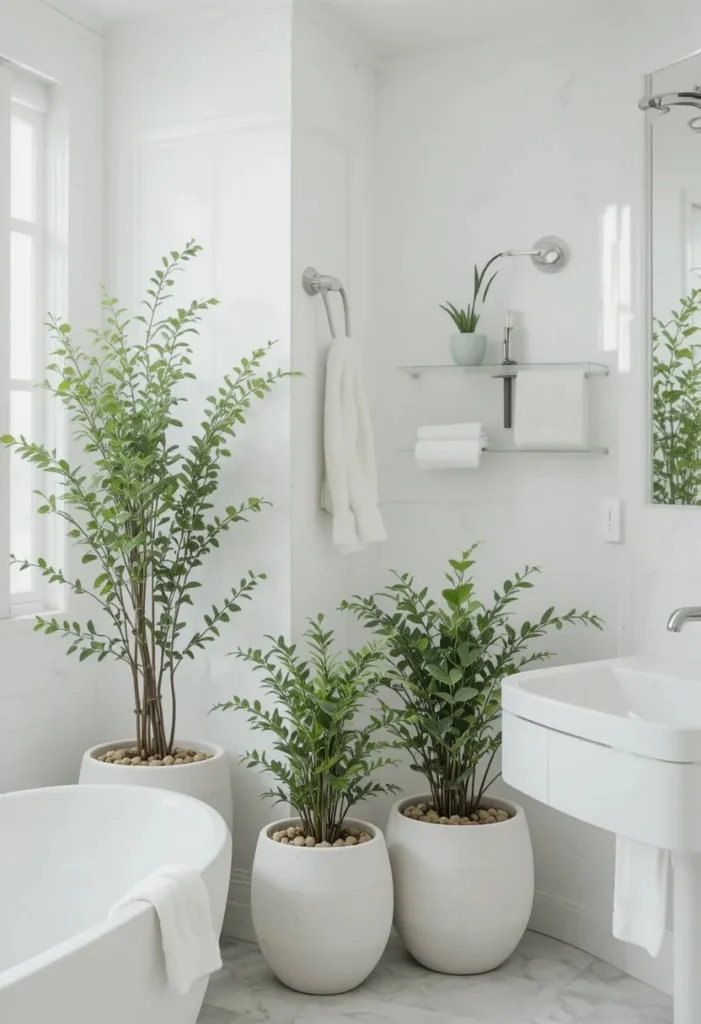 White bathroom styled with greenery and fresh natural accents.