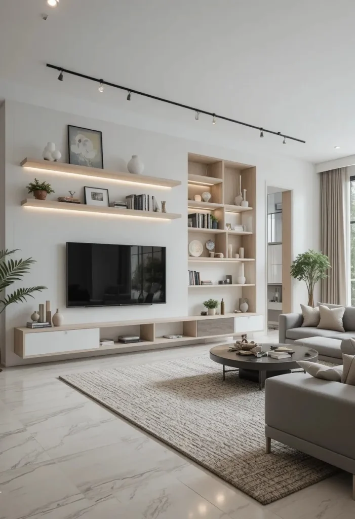 Floating built-in shelves creating a light and modern living room