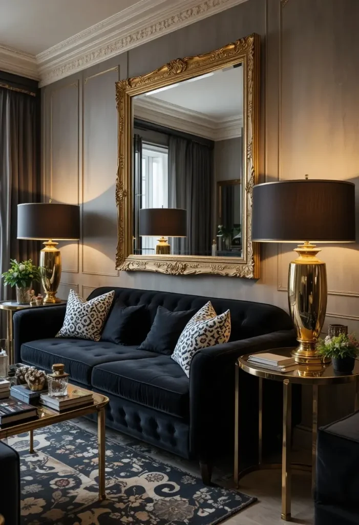 Black furniture with gold metallic decor accents