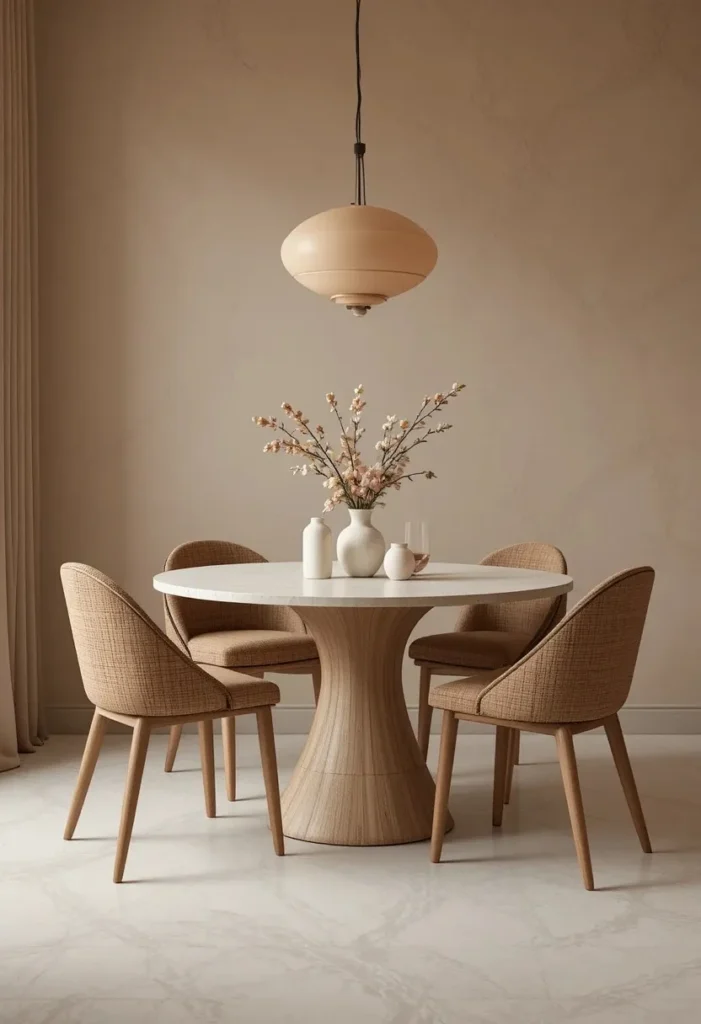 Modern dining room with soft curved furniture design