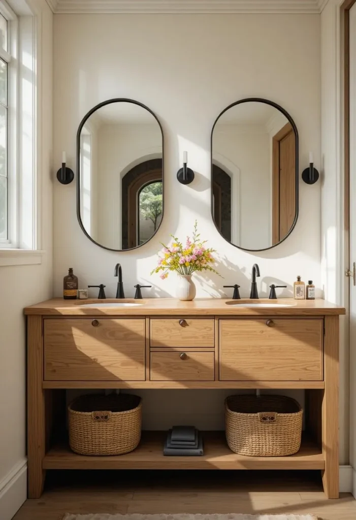 Warm wood double vanity with matte black fixtures and woven baskets in a cozy modern bathroom.
