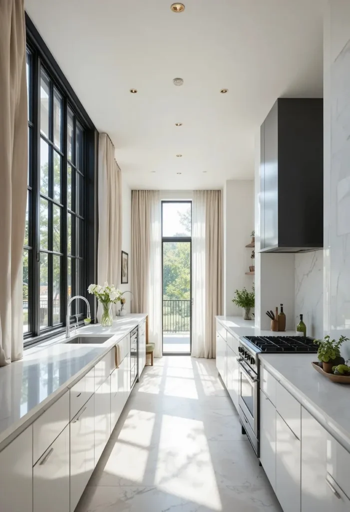 Long kitchen filled with natural light from large windows