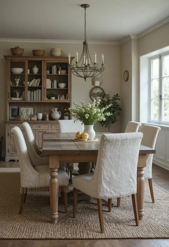 Rustic farmhouse dining table adding charm and warmth to the space