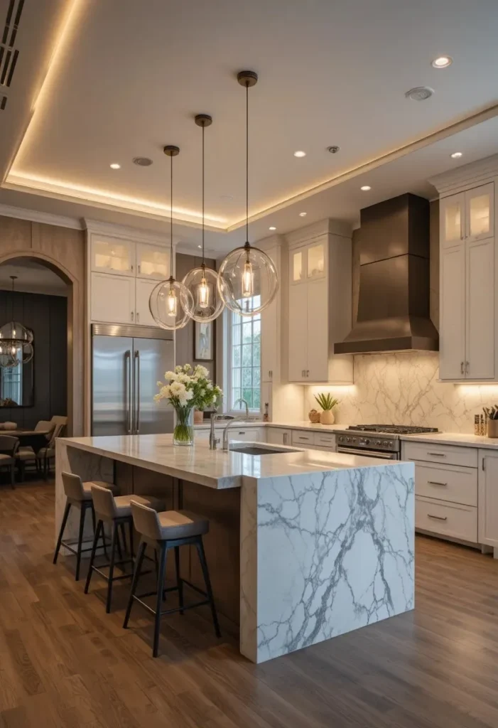 L shaped kitchen with pendant lighting above a modern island.