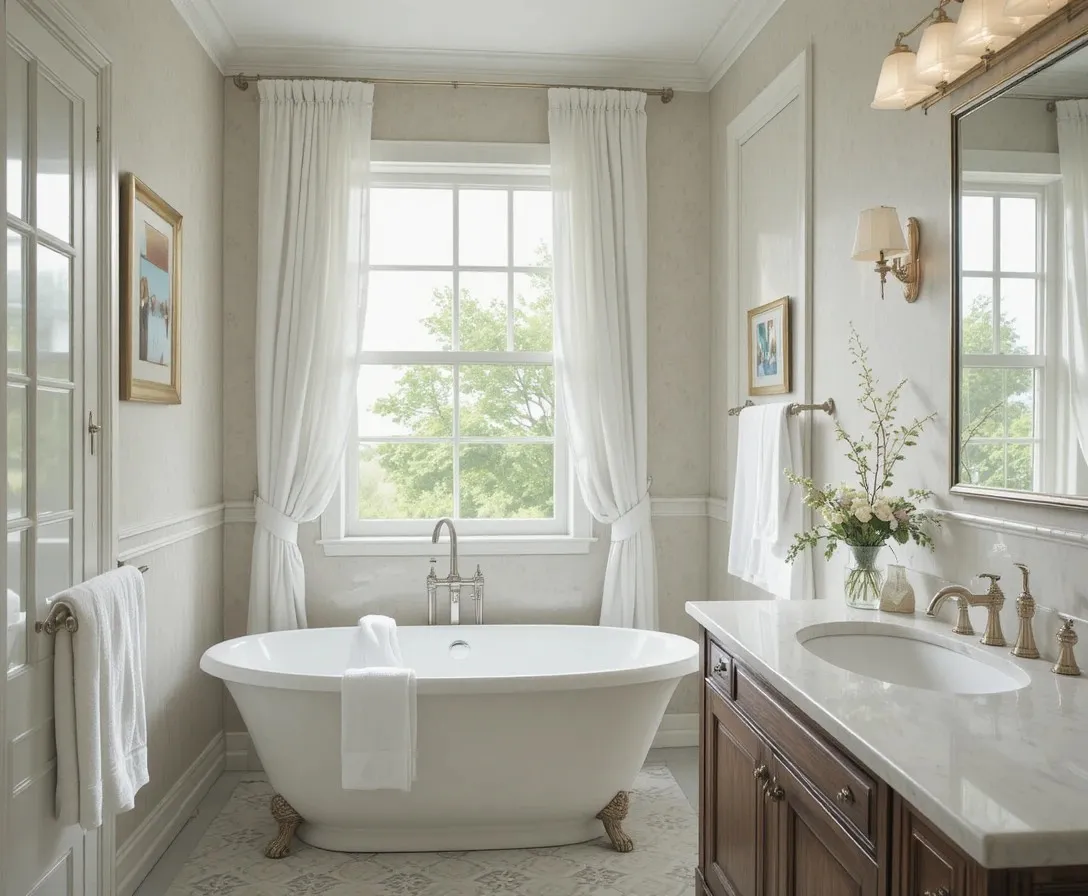 Full view of bathroom with bathroom window curtain look
