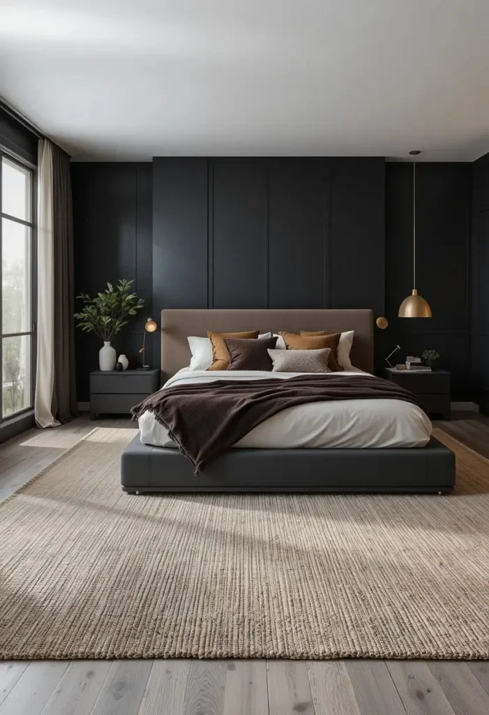 Textured rug softening a dark bedroom design