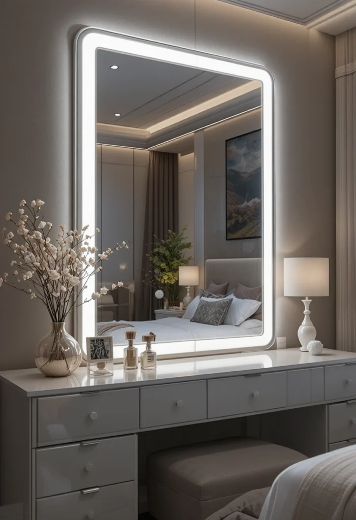 LED backlit mirror creating a soft glowing effect that enhances bedroom ambiance.