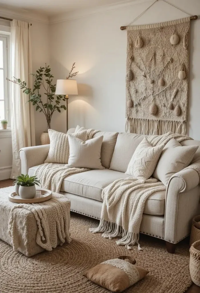 Boho living room with warm wood furniture