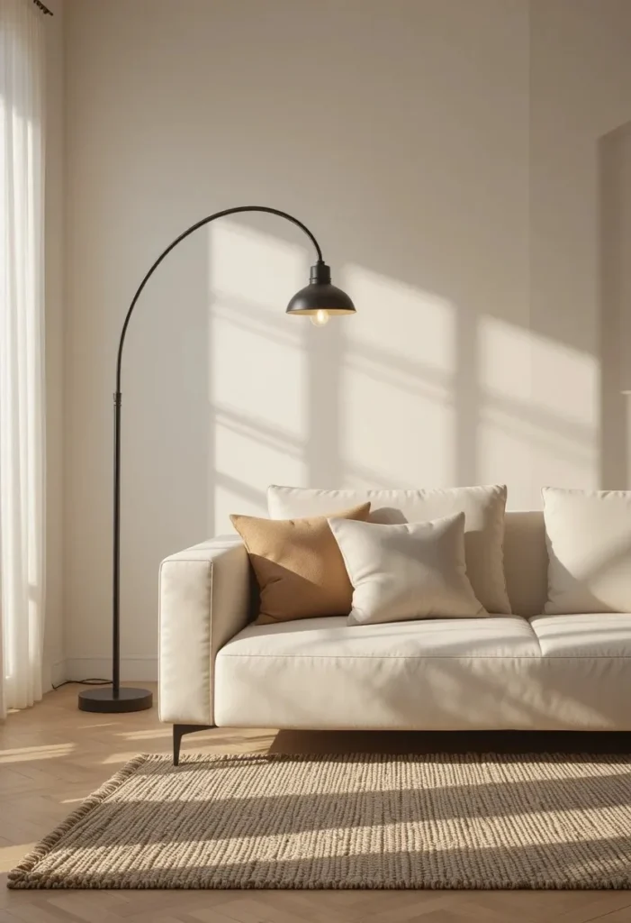 Black arched floor lamp over a cozy cream sofa in a modern living room.