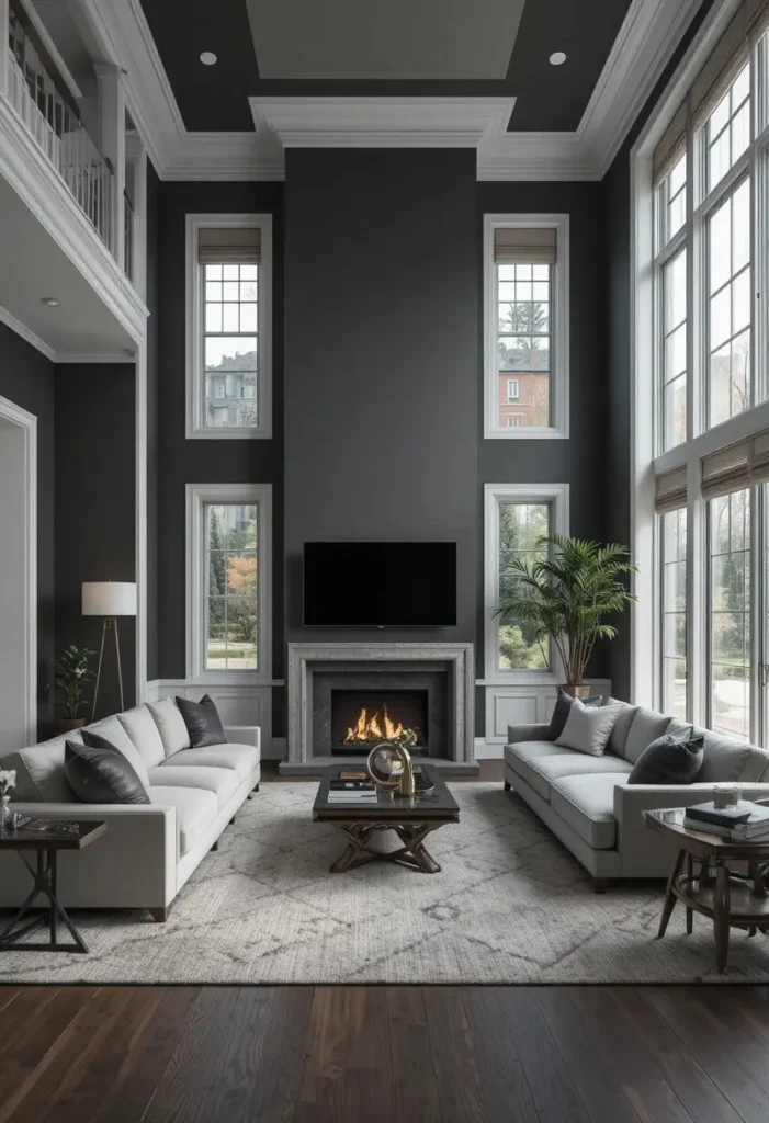 Charcoal gray living room walls with sophisticated modern decor.