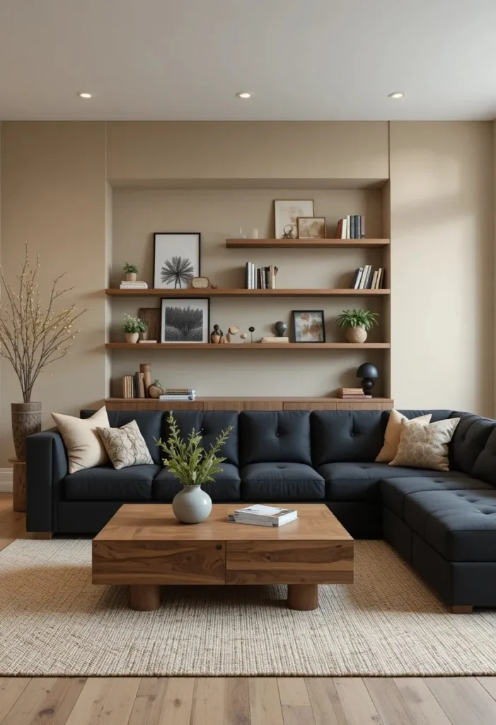 Black furniture paired with warm wood accents in living room