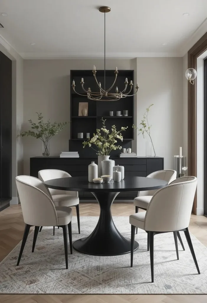 Black dining table as bold centerpiece in modern dining room