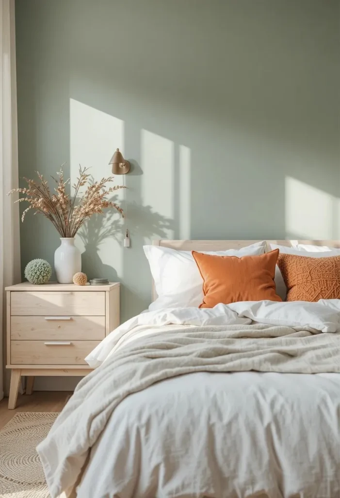 Minimal sage green bedroom with terracotta accents and soft textures