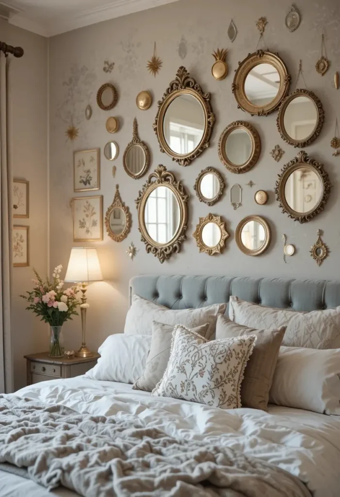 Gallery mirror wall adding artistic reflection and visual interest to a modern bedroom.