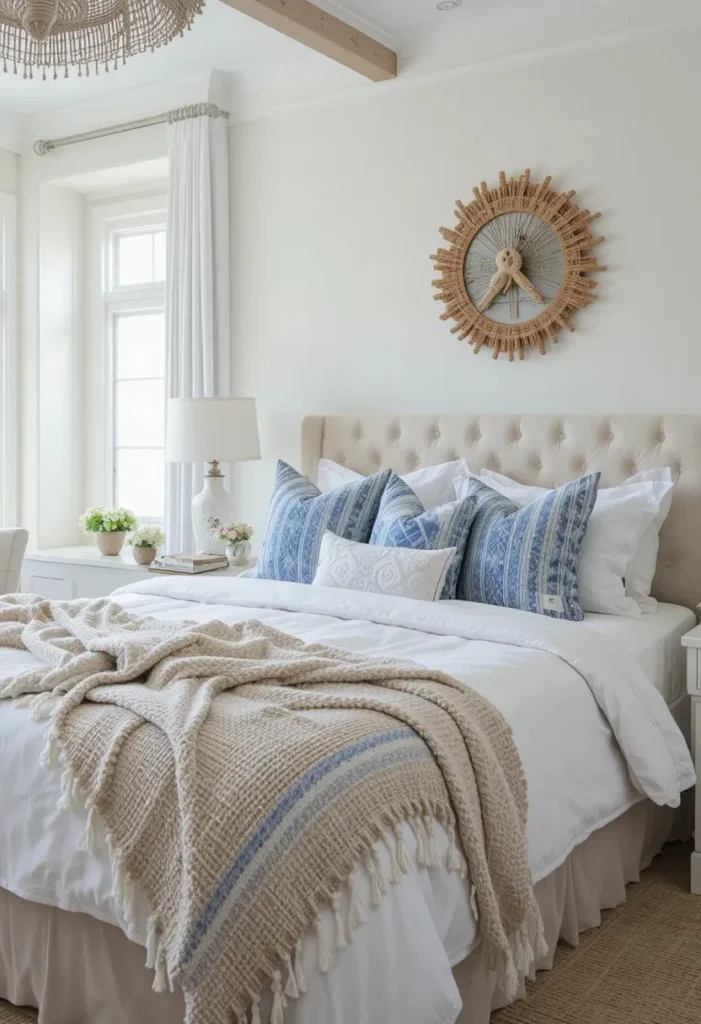 Striped coastal patterns in a beach bedroom