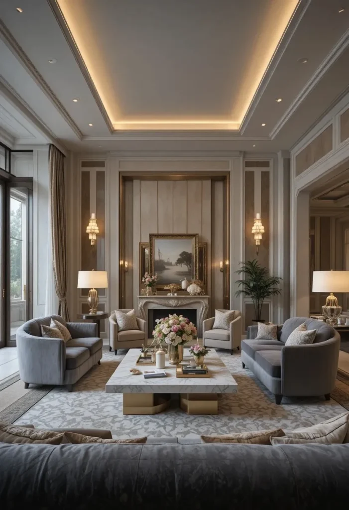 Luxury hotel-style sunken living room with elegant modern decor. 