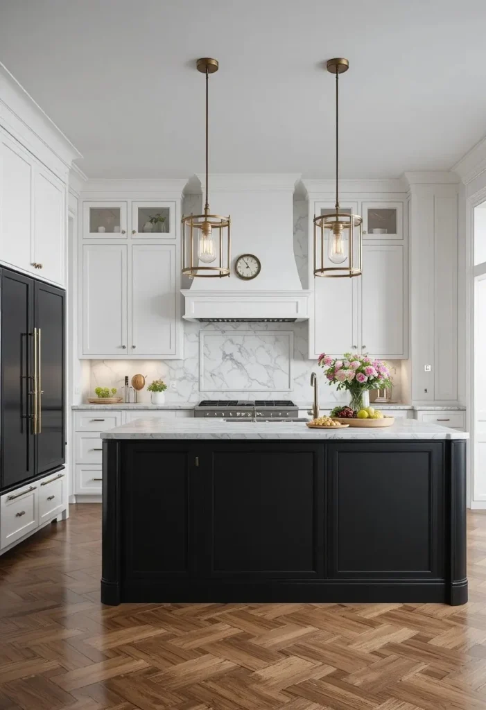 Modern kitchen with matte black island and white cabinets