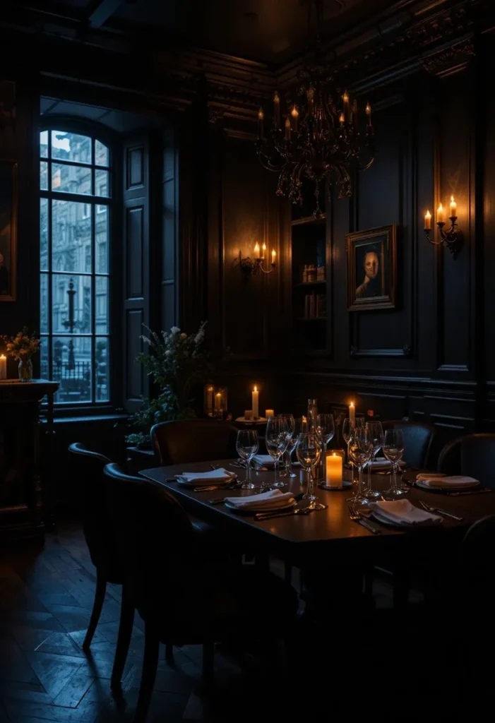 Moody black dining room with soft warm lighting creating cozy ambiance