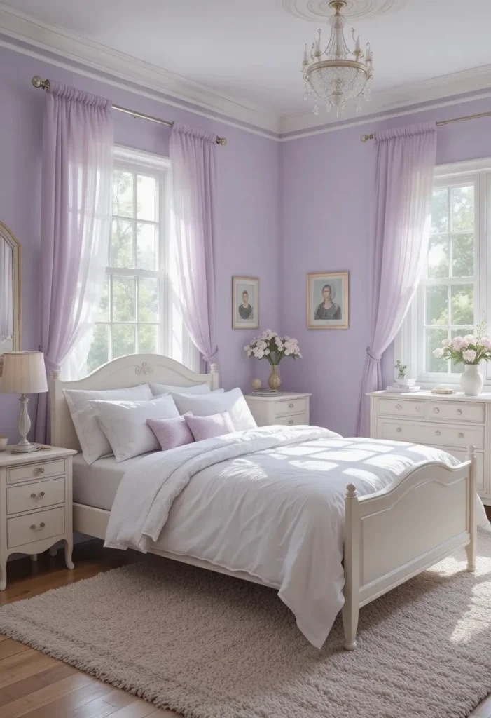 Soft lilac bedroom with layered white decor