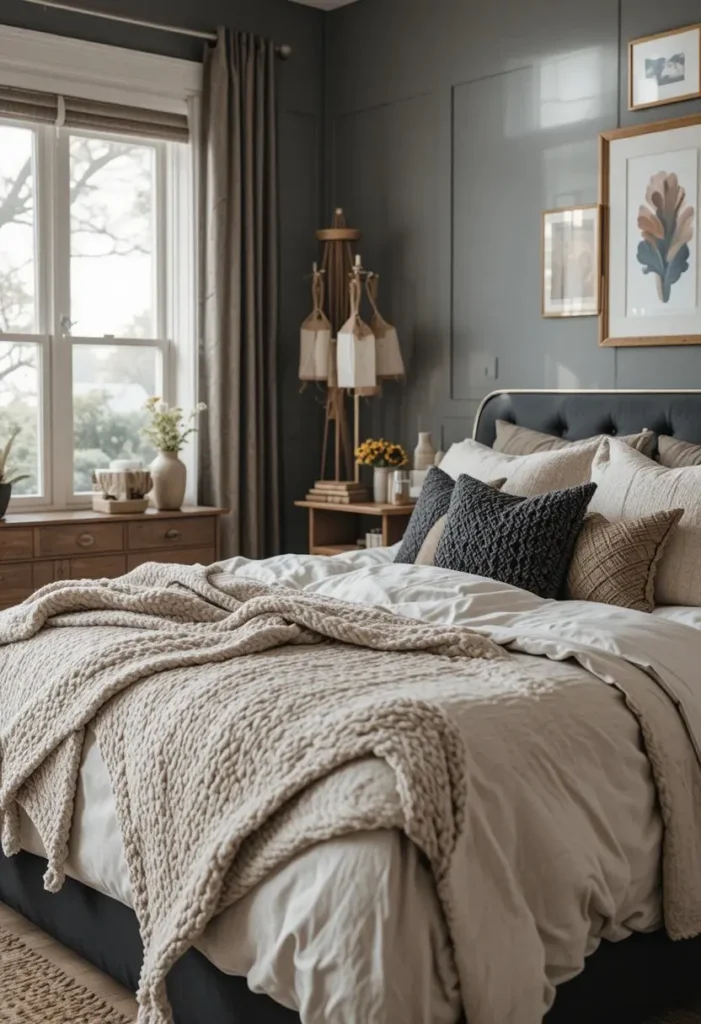 Beige bedding creating contrast in a dark bedroom