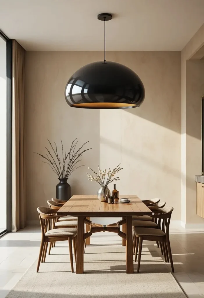 Oversized pendant light above dining table creating a bold modern focal point