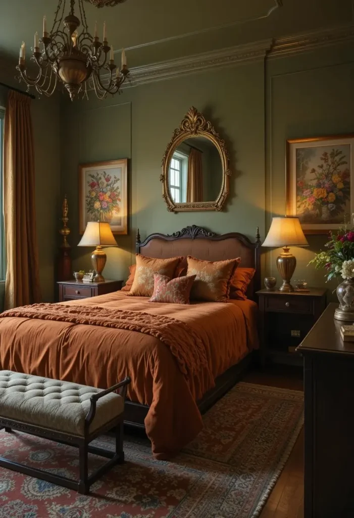 Vintage green and orange bedroom with antique decor and warm lighting