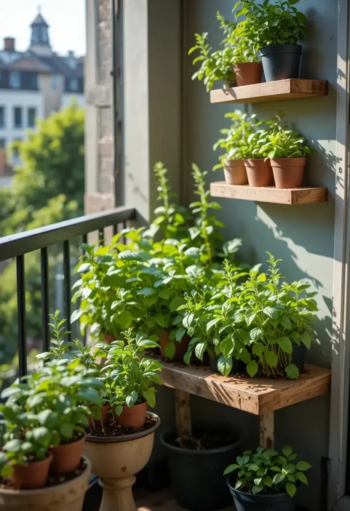 small balcony herb garden with fresh green plants