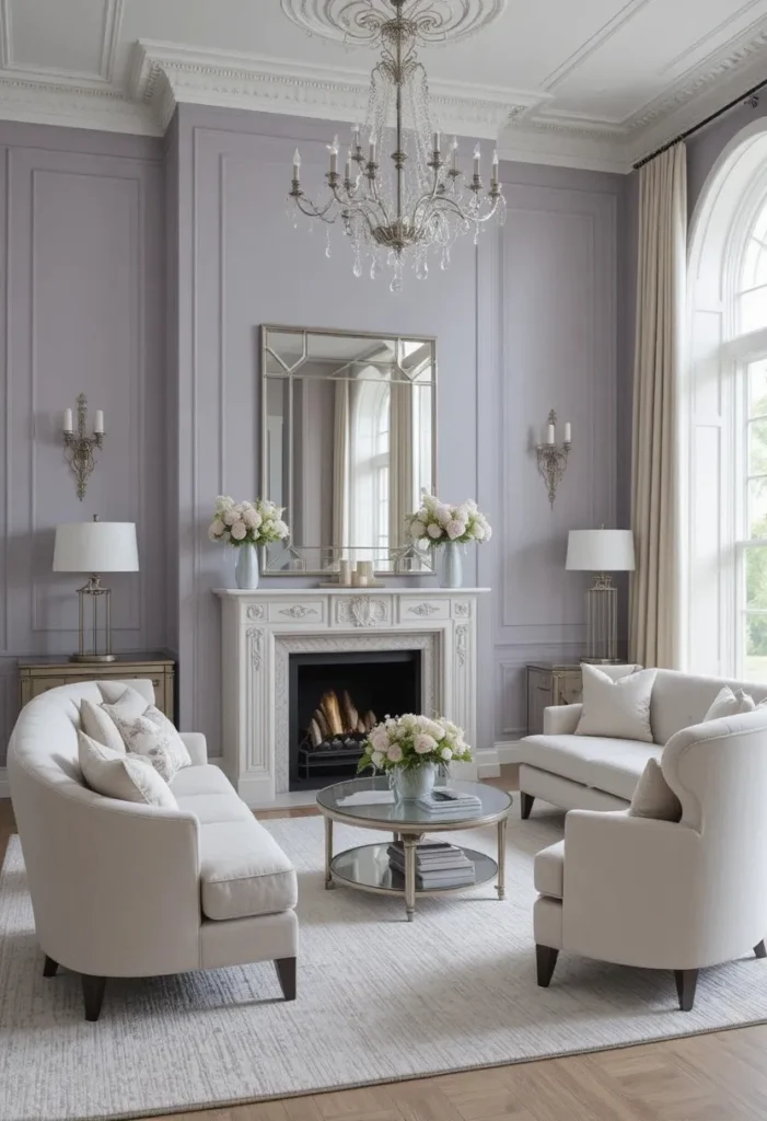 Soft lavender gray living room walls with calming elegant decor.