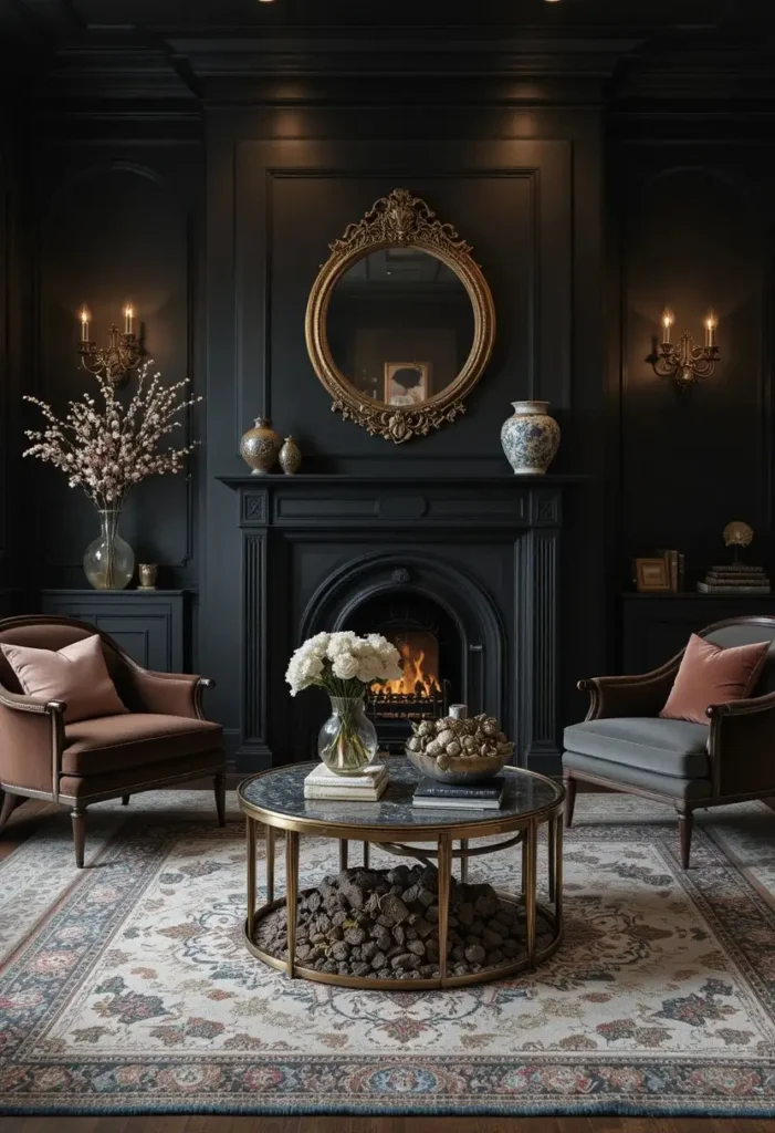 Moody fireplace living room with dark dramatic walls.