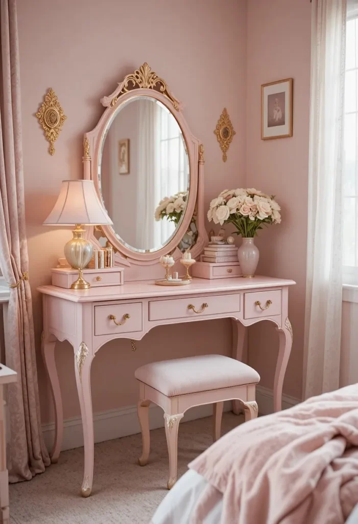 soft pink vanity ideas bedroom feminine cozy aesthetic design