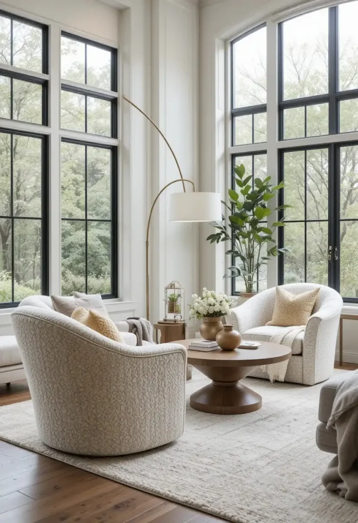 Modern boucle swivel chairs in a cozy contemporary living room.