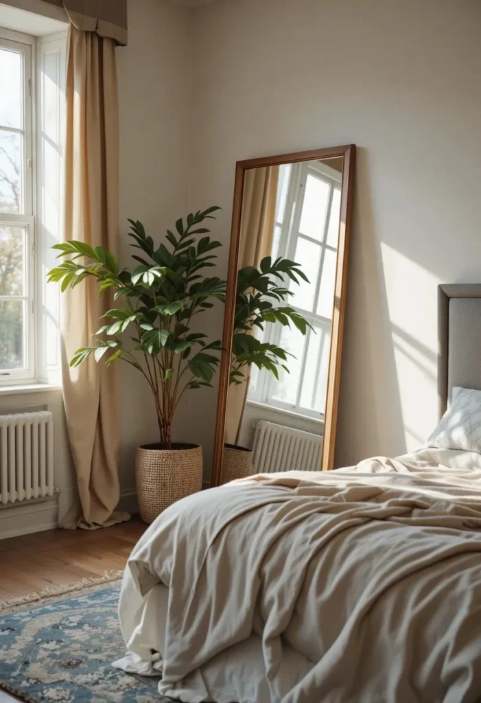 Leaning floor mirror styled in a cozy corner reflecting light and creating a relaxed bedroom vibe.