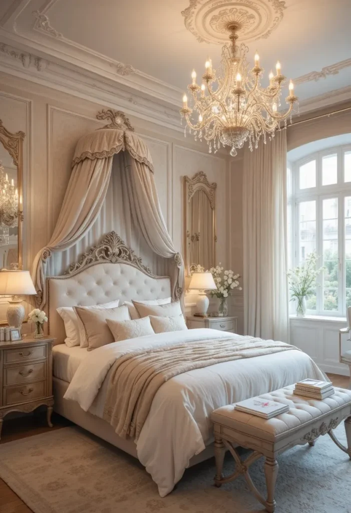 Crystal drop chandelier in a romantic bedroom