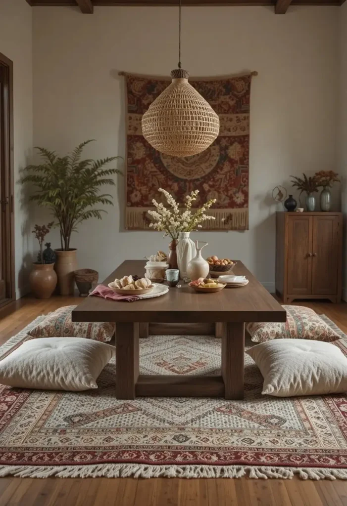 Low seating boho dining setup with floor cushions and rugs.