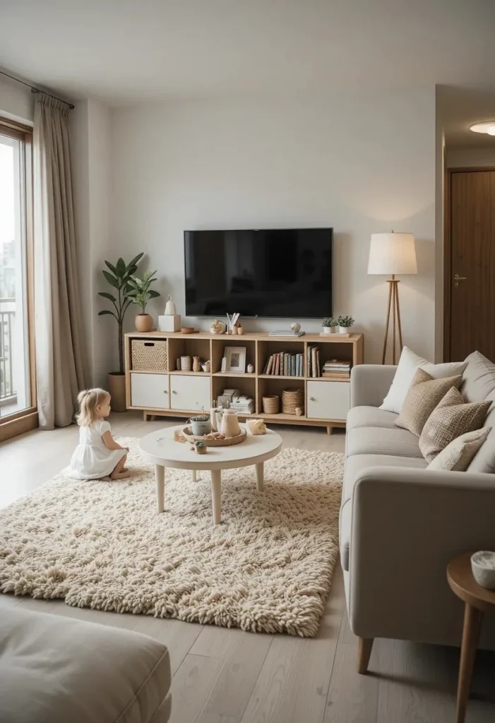 Minimal toy setup creating a calm and clutter-free living room atmosphere.