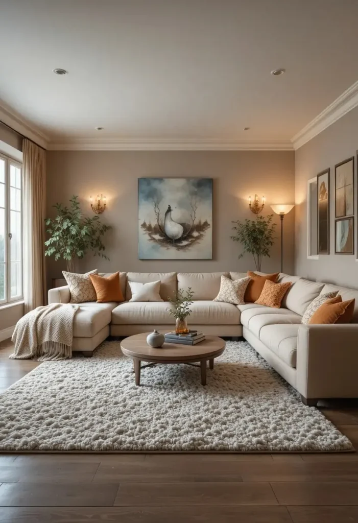 Cozy sunken living room with deep seating and warm earthy tones.