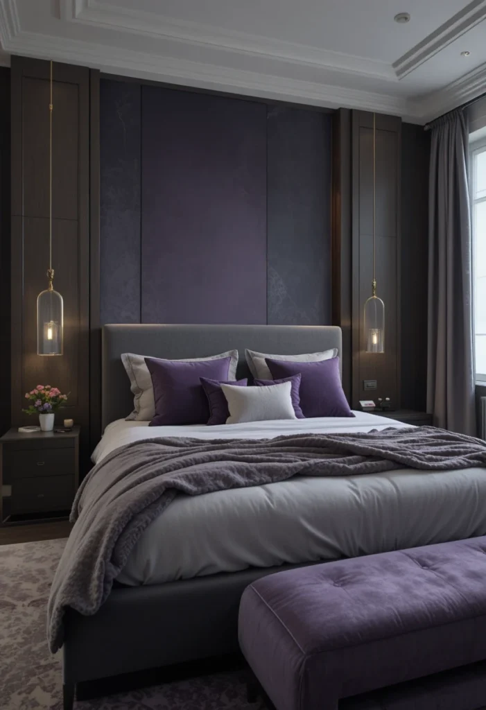 Modern purple and gray bedroom with cozy styling