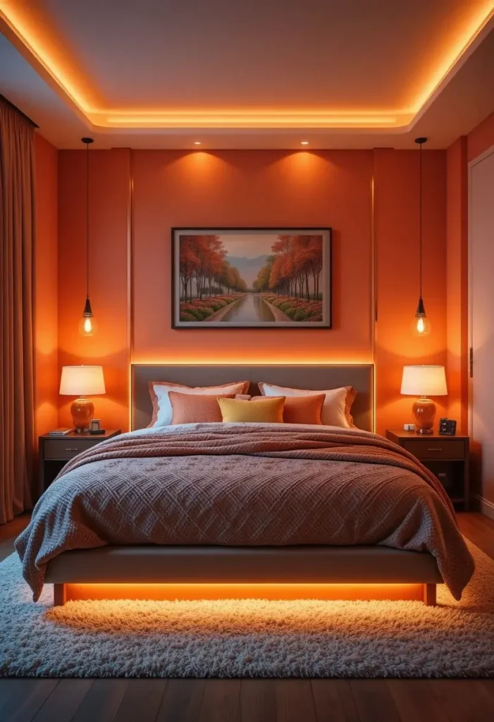 Orange bedroom with layered lighting and warm cozy atmosphere.