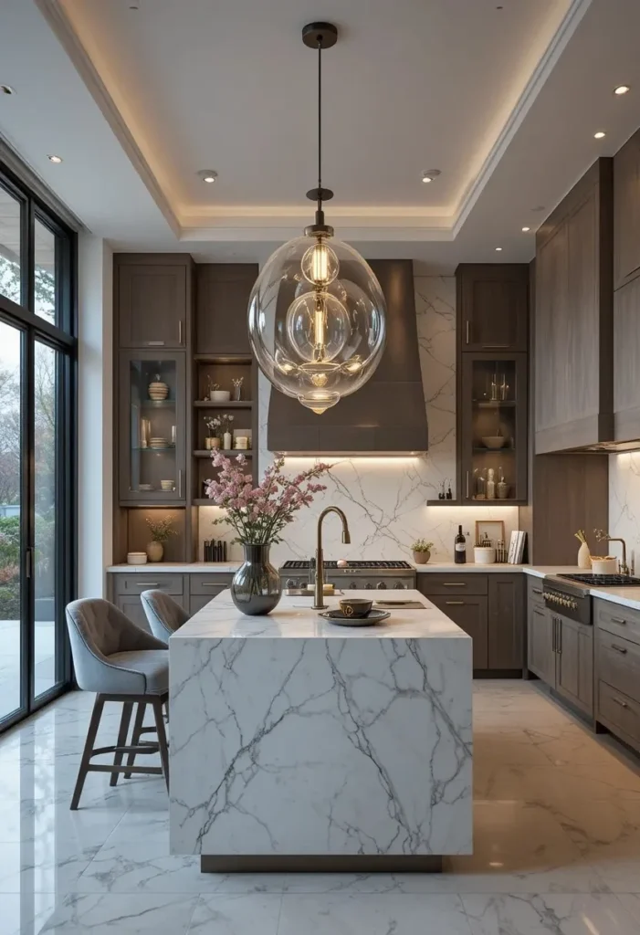 Elegant kitchen with glass pendant lights above island