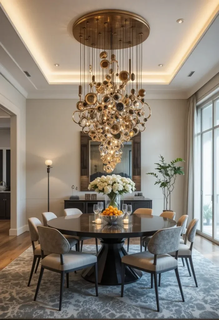 Sculptural chandelier acting as art above dining table