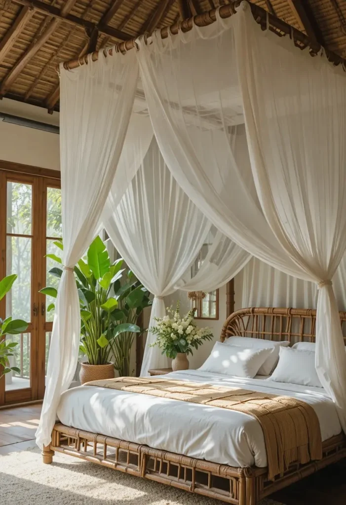 tropical canopy bed ideas with natural textures and plants