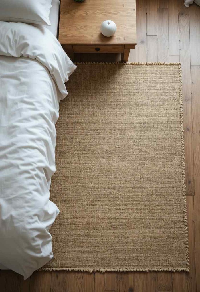 Large flat-weave seagrass mat under a low oak platform bed in a Japandi bedroom.