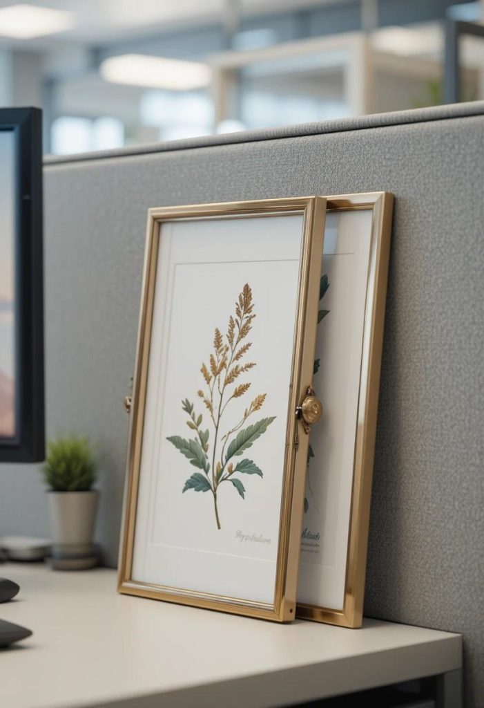 Small brass framed botanical watercolor print leaning against a computer monitor on a cubicle desk