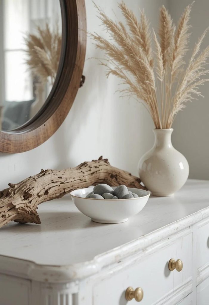 Driftwood, ceramic bowl with beach stones, and a vase with dried grass styled on a coastal bedroom dresser.