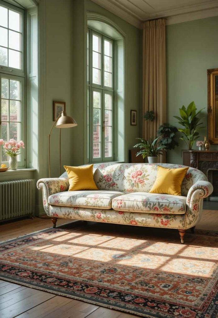 Vintage cabbage rose floral sofa paired with sage green walls and butter yellow pillows in a whimsical living room.