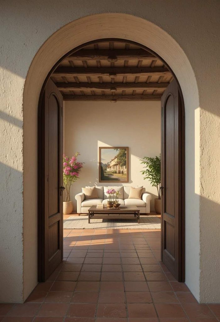 View of a Tuscan living room through an arched stucco doorway with linen sofa, wood beams, and terracotta floors