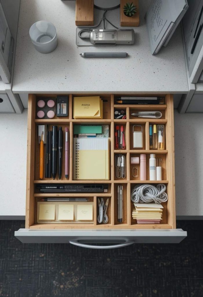 Open office desk drawer with a bamboo organizer holding pens, sticky notes, paper clips, lip balms, and USB cables in compartments