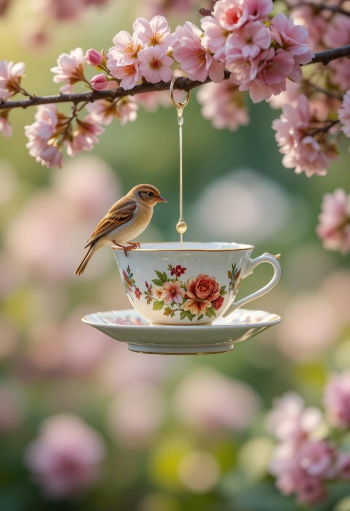 Vintage floral teacup bird feeder hanging from a flowering branch with a small finch perched on the rim