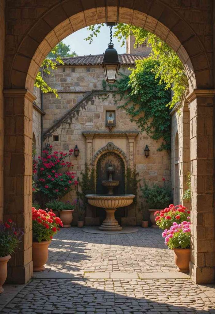 Tuscan courtyard entry through a stone archway with cobblestones, wall fountain, terracotta pots of geraniums, and climbing jasmine.